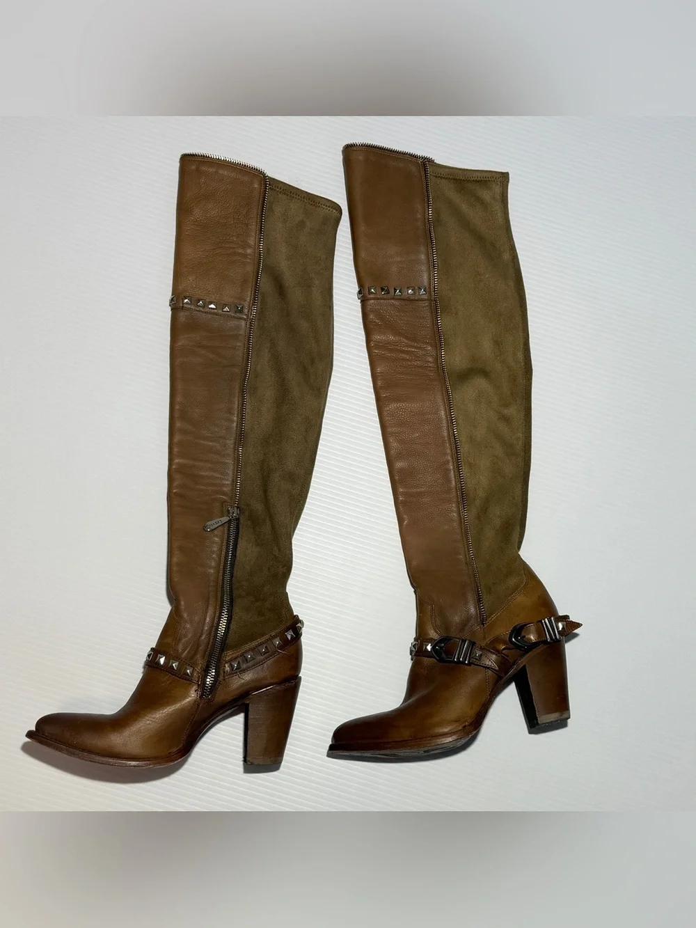 Tall Brown Leather & Suede Over-the-Knee Heeled Boots with Stud Accent